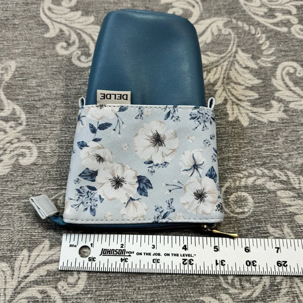 DELDE Slide Stand Pencil Case Floral Light Blue Pen Pouch